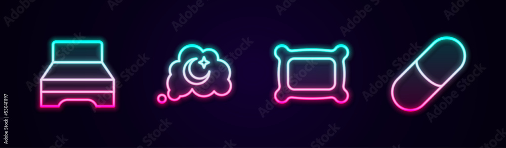 Set line Big bed, Dreams, Pillow and Sleeping pill. Glowing neon icon. Vector