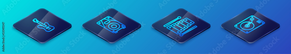 Set Isometric line Xylophone, Electric bass guitar, Vinyl player with vinyl disk and Stereo speaker icon. Vector Set Isometric line Xylophone, Electric bass guitar, Vinyl player with vinyl disk and Stereo speaker icon. Vector