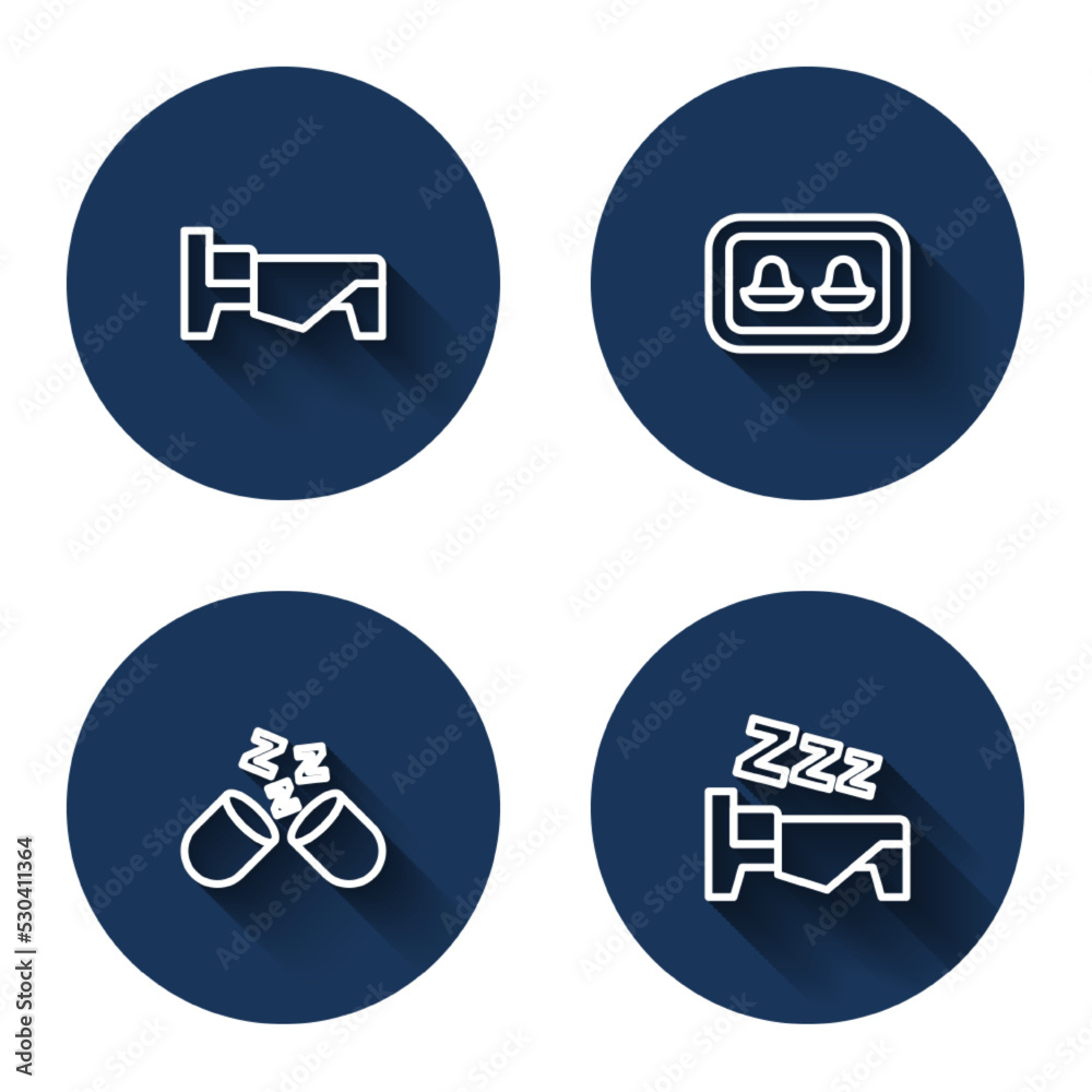 Set line Bed, Earplugs with storage box, Sleeping pill and Time sleep with long shadow. Blue circle button. Vector Set line Bed, Earplugs with storage box, Sleeping pill and Time sleep with long shadow. Blue circle button. Vector