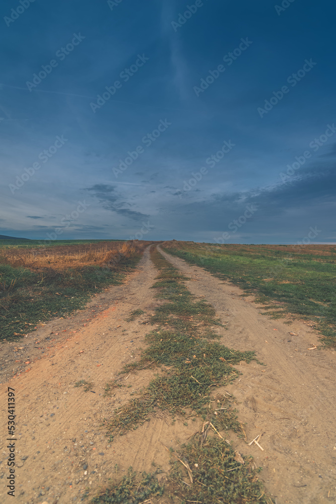 rural path between agricultural fields with dramatic blue sky