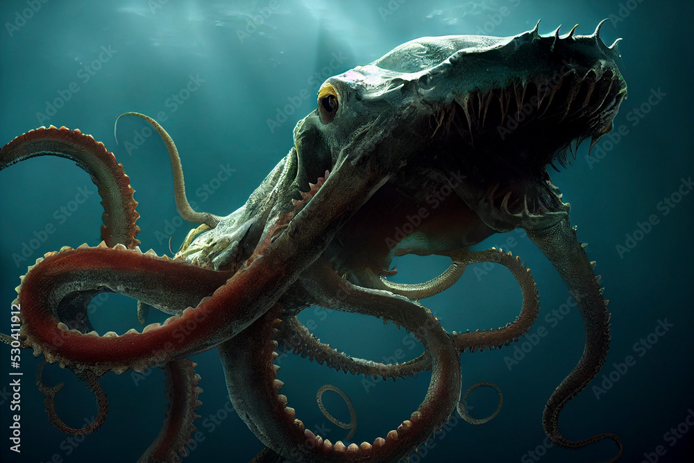 Giant sea monster, terrifying squid alien paintning