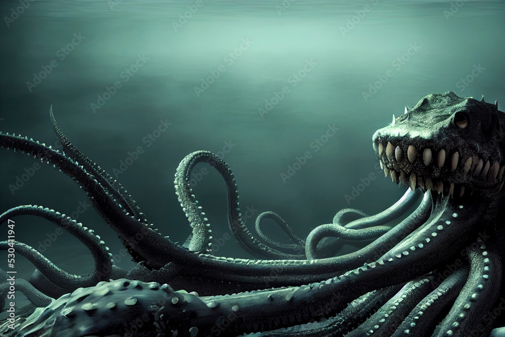 Giant sea monster, terrifying squid alien paintning Stock Illustration