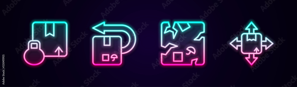 Set line Carton cardboard box, Return, Broken and . Glowing neon icon. Vector Set line Carton cardboard box, Return, Broken and . Glowing neon icon. Vector