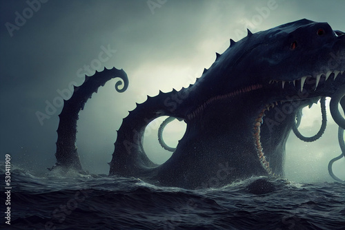Giant sea monster, terrifying squid alien paintning