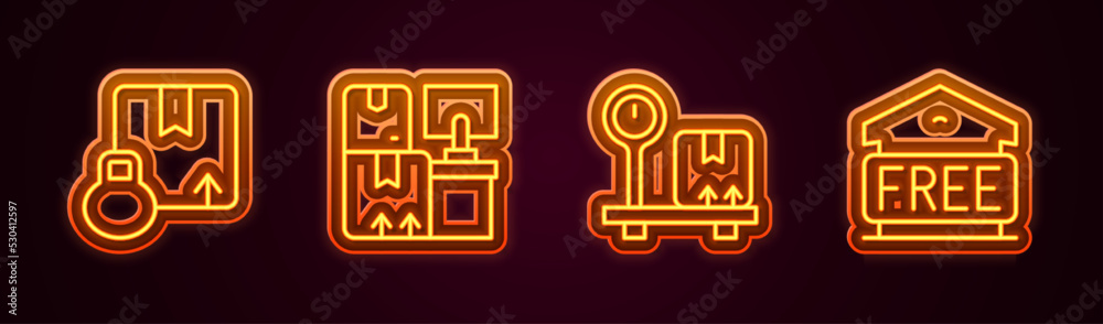 Set line Carton cardboard box, Warehouse with boxes, Scale and Free storage. Glowing neon icon. Vector Set line Carton cardboard box, Warehouse with boxes, Scale and Free storage. Glowing neon icon. Vector