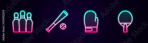 Set line Bowling pin, Baseball bat with ball, Boxing glove and Racket. Glowing neon icon. Vector