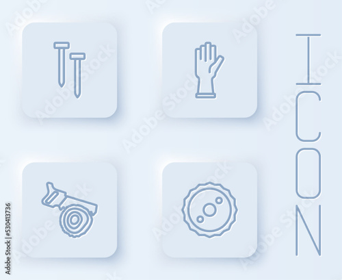 Set line Metallic nails  Protective gloves  Hand saw and log and Circular blade. White square button. Vector