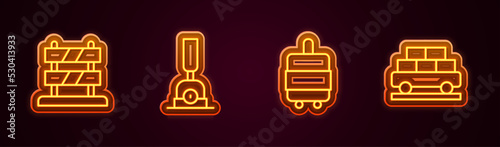 Set line End of railway tracks, Arrow for switching the, Suitcase and Cargo train wagon. Glowing neon icon. Vector