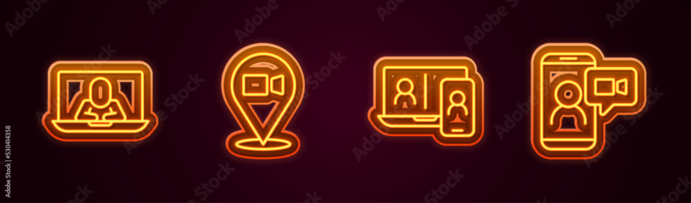 Set line Video chat conference, and . Glowing neon icon. Vector Set line Video chat conference, and . Glowing neon icon. Vector