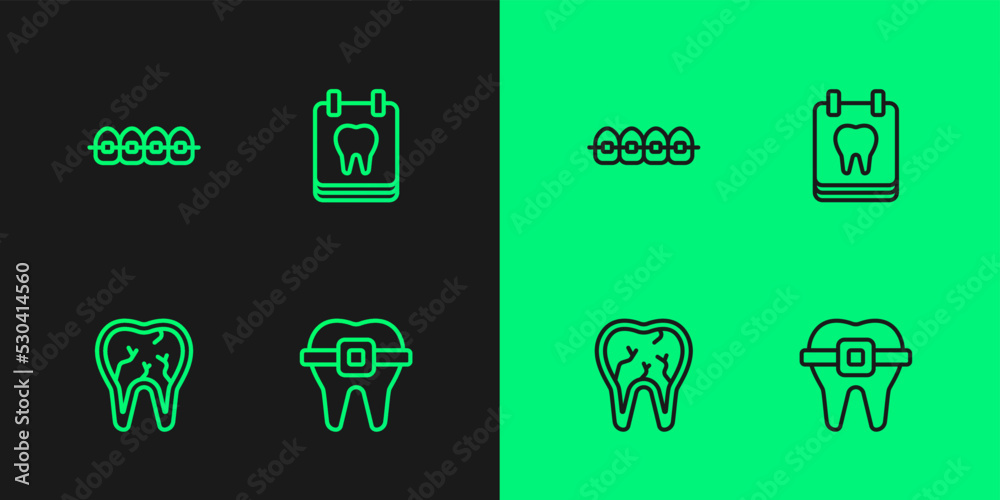 Set line Teeth with braces, Broken tooth, and Calendar icon. Vector Set line Teeth with braces, Broken tooth, and Calendar icon. Vector