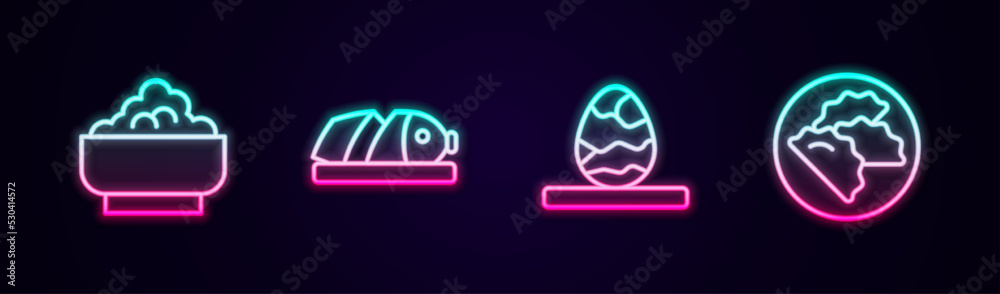 Set line Rice in a bowl, Fish with sliced pieces, Chinese tea egg and Dumpling. Glowing neon icon. Vector Set line Rice in a bowl, Fish with sliced pieces, Chinese tea egg and Dumpling. Glowing neon icon. Vector