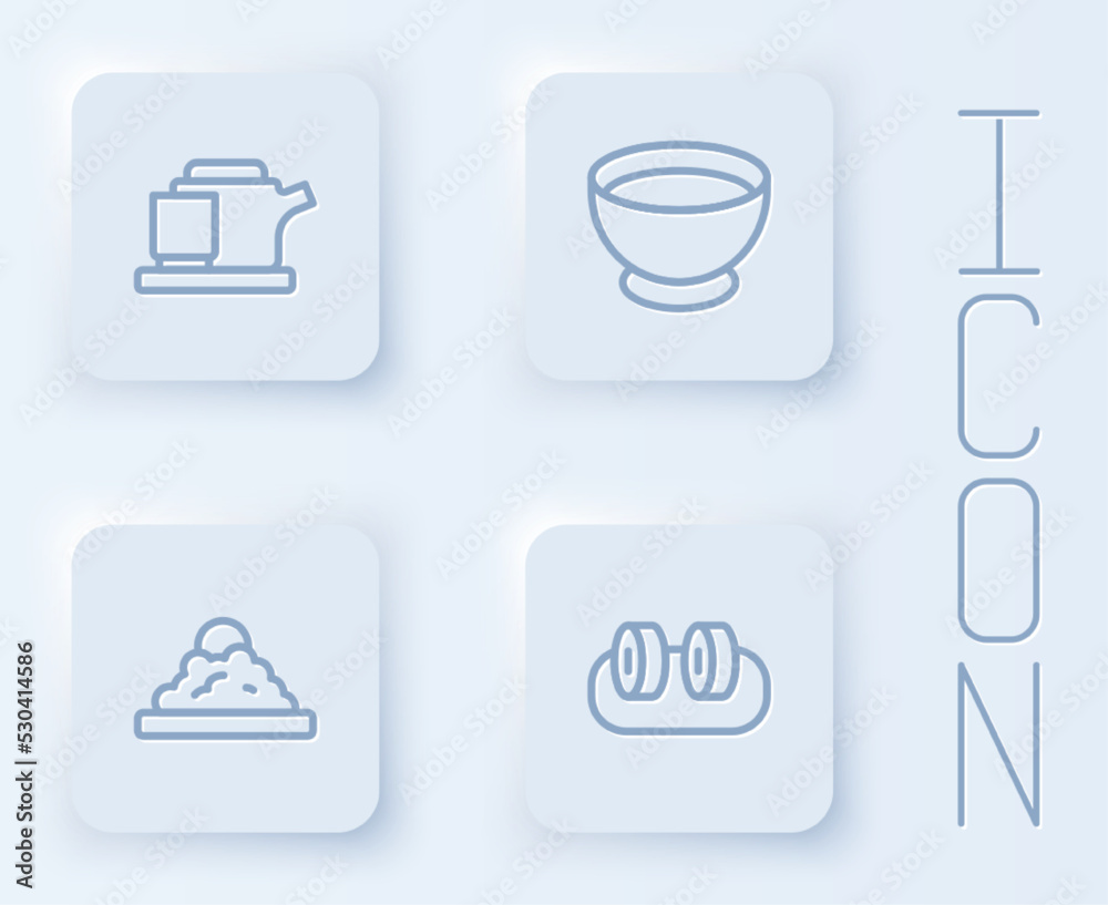 Set line Traditional tea ceremony, Soy sauce in bowl, Rice and Sushi. White square button. Vector Set line Traditional tea ceremony, Soy sauce in bowl, Rice and Sushi. White square button. Vector