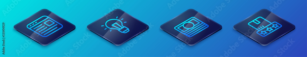 Set Isometric line Stacks paper money cash, Advertising, Consumer product rating and Light bulb icon. Vector Set Isometric line Stacks paper money cash, Advertising, Consumer product rating and Light bulb icon. Vector