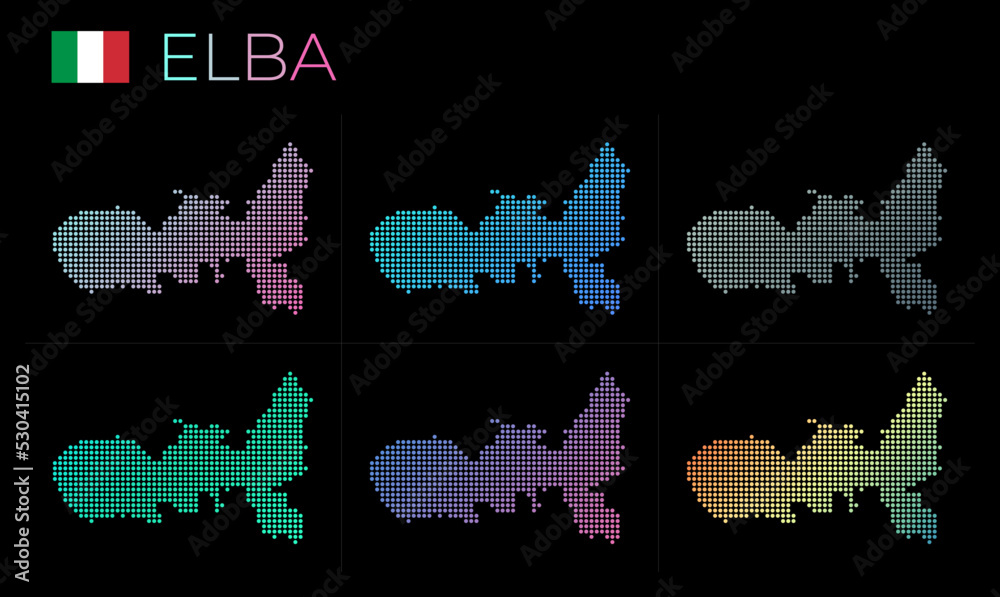 Elba dotted map set. Map of Elba in dotted style. Borders of the island filled with beautiful smooth gradient circles. Authentic vector illustration.
