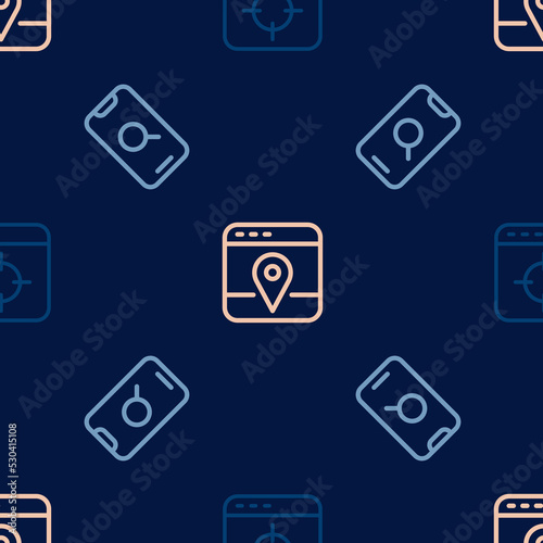 Set line Target financial goal, Magnifying glass and mobile and Infographic of city map on seamless pattern. Vector © Iryna