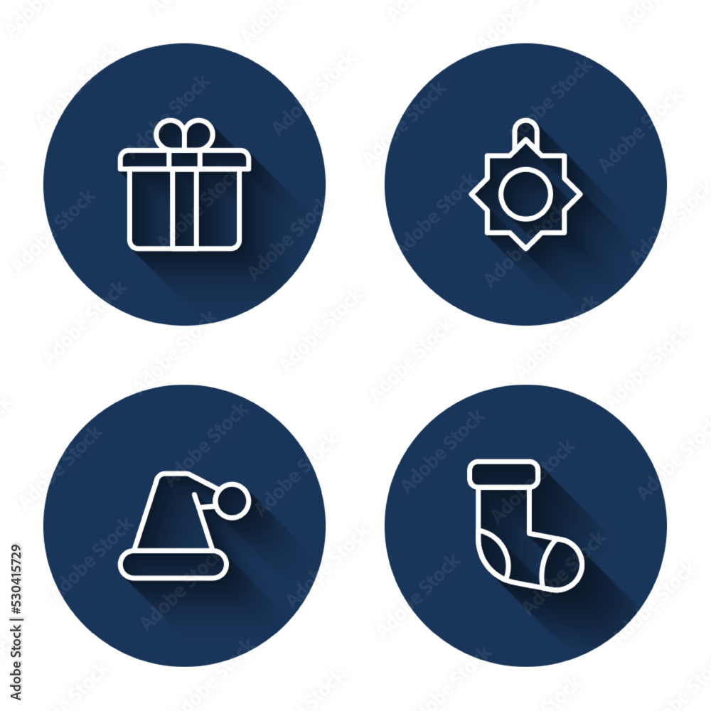 Set line Gift box, Christmas toy, Santa Claus hat and stocking with long shadow. Blue circle button. Vector
