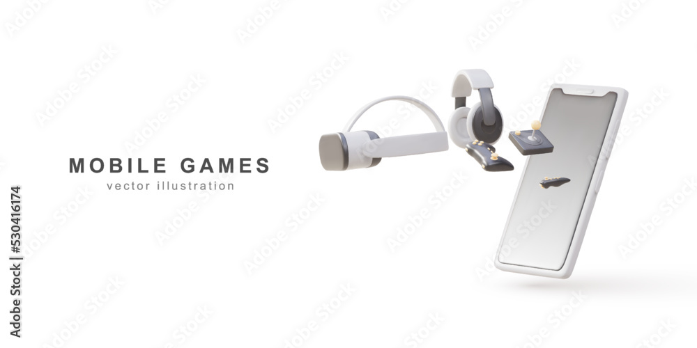 Gamer concept with smartphone. Banner. Game console controller, headphones, joystick, VR glasses. Vector illustration. Gamer concept with smartphone. Banner. Game console controller, headphones, joystick, VR glasses. Vector illustration.