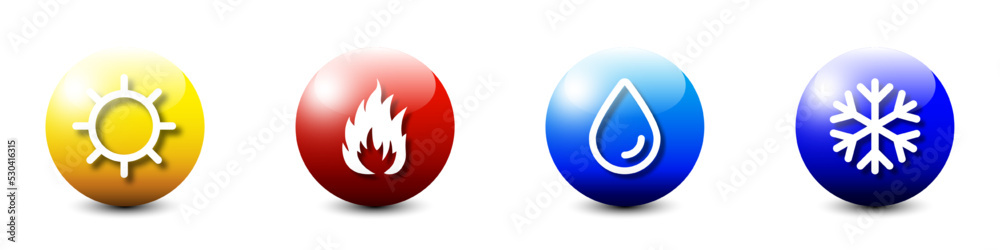 Water, fire, sun and snowflake icons. Hot and cold symbols. Warmth and cold. Freezing snow and fire symbols. Flat vector illustration. Water, fire, sun and snowflake icons. Hot and cold symbols. Warmth and cold. Freezing snow and fire symbols. Flat vector illustration.