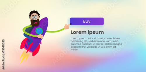  A cartoon man with glasses on a rocket presses the buy button