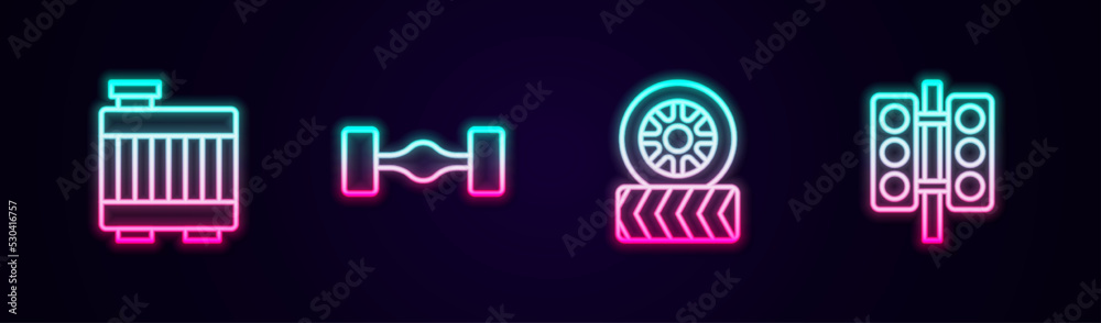 Set line Car radiator cooling system, Chassis car, tire wheel and Racing traffic light. Glowing neon icon. Vector Set line Car radiator cooling system, Chassis car, tire wheel and Racing traffic light. Glowing neon icon. Vector