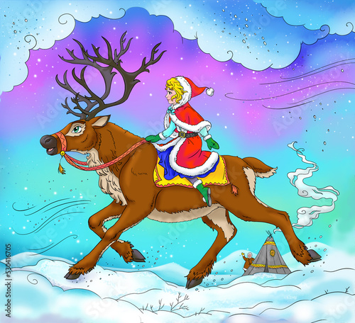 The Snow Queen sceene with Gerda and deer riding through the snow  photo