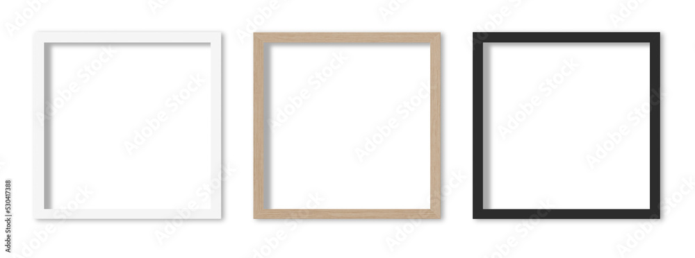 Picture frames set on transparent background. White, wooden and black square frames, 30x30 cm. Template, mock up for your picture, artwork, poster or photo. 3d rendering. Picture frames set on transparent background. White, wooden and black square frames, 30x30 cm. Template, mock up for your picture, artwork, poster or photo. 3d rendering.