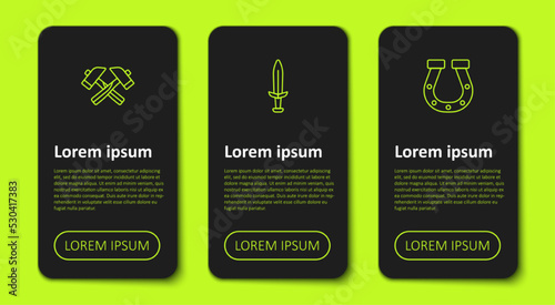 Set line Crossed hammer, Medieval sword and Horseshoe. Business infographic template. Vector