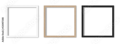 Picture frames set on transparent background.  White, wooden and black square frames, 30x30 cm. Template, mock up for your picture, artwork, poster or photo. 3d rendering.
