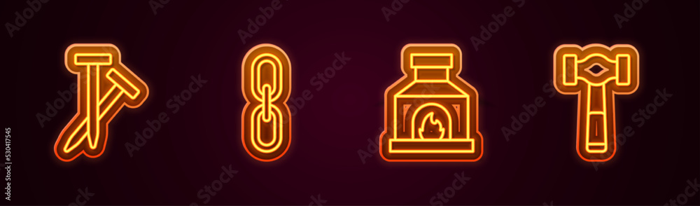 Set line Metallic nails, Chain link, Blacksmith oven and Hammer. Glowing neon icon. Vector