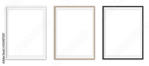 Picture frames set with white Passepartout on transparent background.  White, wooden and black vertical frames, 60x80 cm. Template, mock up for your picture, artwork, poster or photo. 3d rendering.