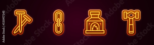 Set line Metallic nails, Chain link, Blacksmith oven and Hammer. Glowing neon icon. Vector