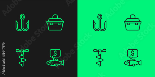 Set line Price tag for fish, Hand drill, Fishing hook and Case box fishing equipment icon. Vector