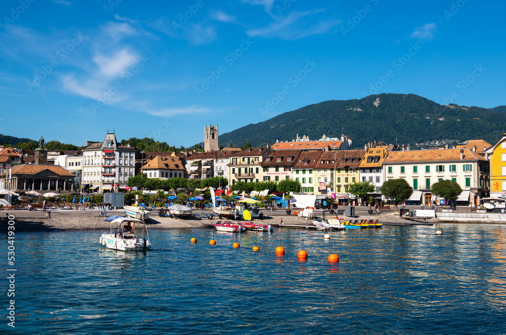 Vevey, Switzerland - July 14, 2022: Vevey is a town in Switzerland in the canton of Vaud, on the north shore of Lake Geneva, near Lausanne.