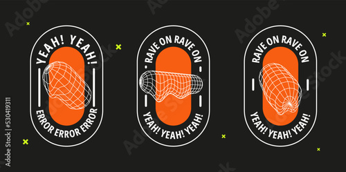 Set of rave psychedelic stickers. Flat vector illustration with 3d wireframe models, brutalism forms, acid stickers. Concept techno style 90s.	