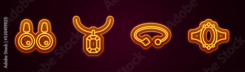 Set line Earrings, Pendant on necklace, Bracelet jewelry and Diamond engagement. Glowing neon icon. Vector