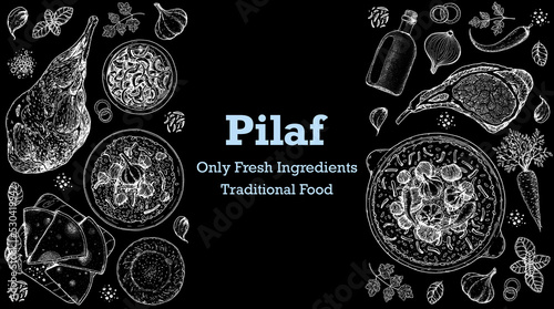 Pilaf cooking and ingredients for pilaf, sketch illustration. Middle eastern cuisine frame. Uzbek food, design elements. Hand drawn, package design. Arabic food