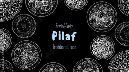 Pilaf cooking and ingredients for pilaf, sketch illustration. Middle eastern cuisine frame. Uzbek food, design elements. Hand drawn, package design. Arabic food