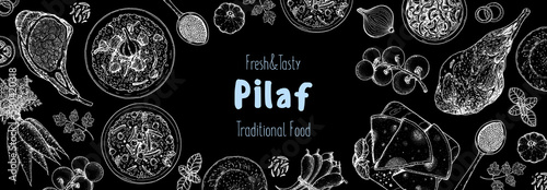 Pilaf cooking and ingredients for pilaf, sketch illustration. Middle eastern cuisine frame. Uzbek food, design elements. Hand drawn, package design. Arabic food