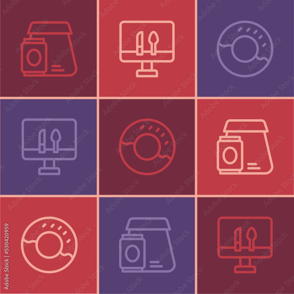 Set line Online ordering food, Donut and icon. Vector Set line Online ordering food, Donut and icon. Vector