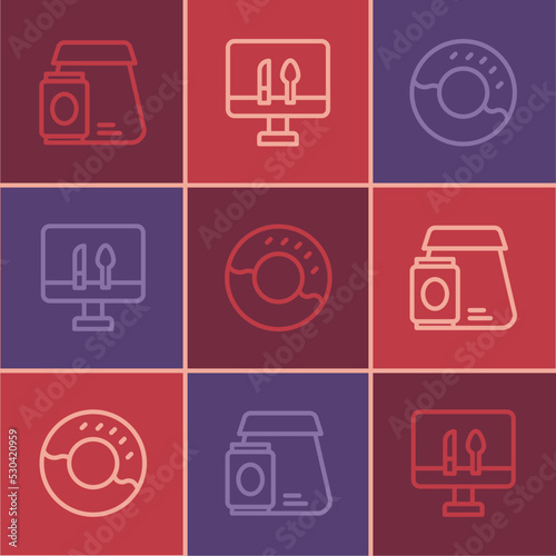 Set line Online ordering food, Donut and icon. Vector