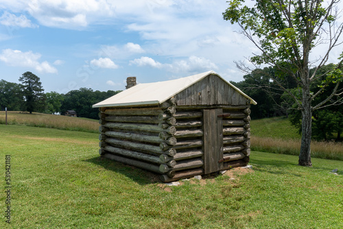 Dover, Tennessee: Fort Donelson National Battlefield American Civl War Site. Reconstructed log hut. Soldiers and slaves built up to 400 log huts for winter quarters in this area. photo