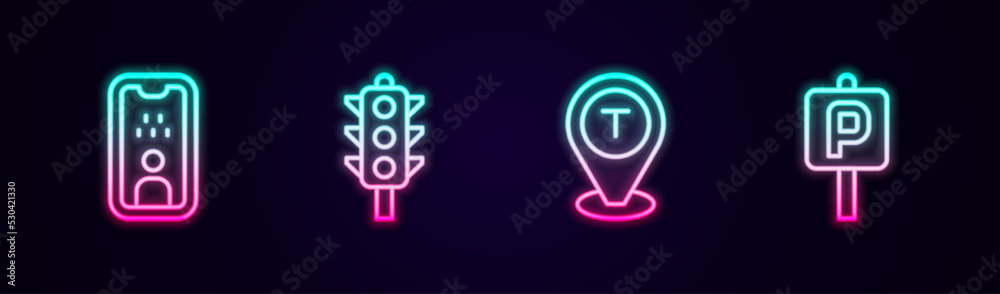 Set line Taxi driver license, Traffic light, Location taxi car and Parking. Glowing neon icon. Vector Set line Taxi driver license, Traffic light, Location taxi car and Parking. Glowing neon icon. Vector