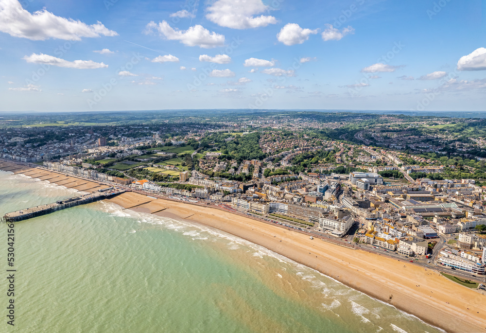 The drone aerial view of the town of Hastings, East Sussex ,England. Hastings is a large seaside town and borough in East Sussex on the south coast of England.