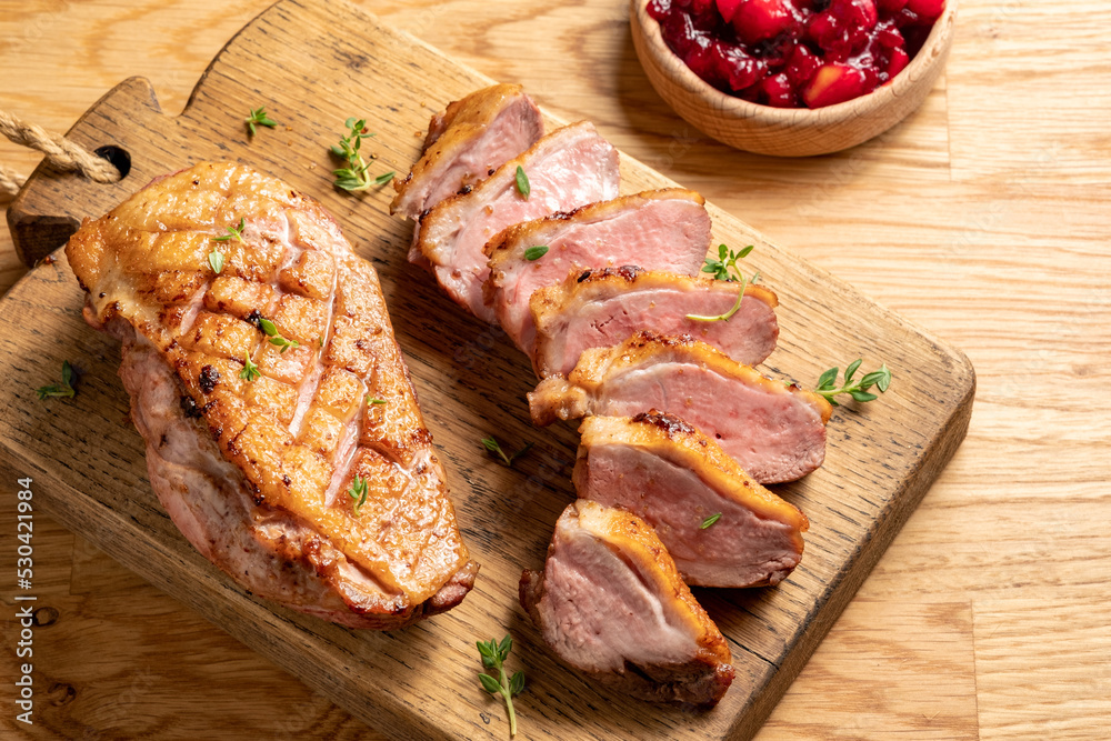 Roasted duck breast with cranberry and apple sauce