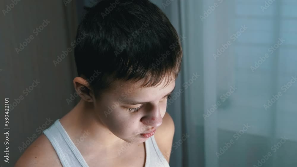 Portrait of Guilty, Talking Child, Looking Down at Floor with Downcast Eyes. Punishment. Guilt, remorse, conversation. Lowered gaze. Gesture. Depression. Behavior, emotion Transitional age Conflict Portrait of Guilty, Talking Child, Looking Down at Floor with Downcast Eyes. Punishment. Guilt, remorse, conversation. Lowered gaze. Gesture. Depression. Behavior, emotion Transitional age Conflict