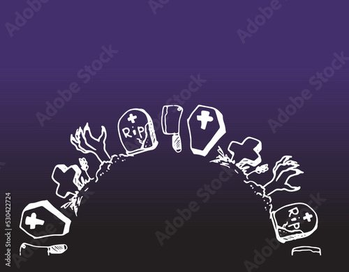 Vector semicircle frame for Halloween. a hill of doodle-style elements, zombie hand, coffin, grave, cross, cleaver, tombstone, isolated white outline in a circle is located on black and purple for a d