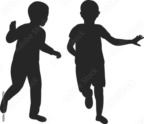black silhouette running kids isolated vector