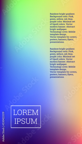 Bright cover or background design. Pink, green, yellow, red, blue, purple color. Minimal set of liquid colors. Abstract bright wallpaper. Technology cover. Mobile template design.