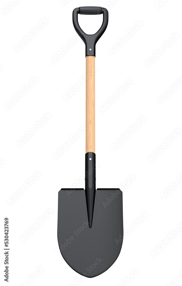 Garden shovel with wooden handle on white background, summer camping concept Garden shovel with wooden handle on white background, summer camping concept