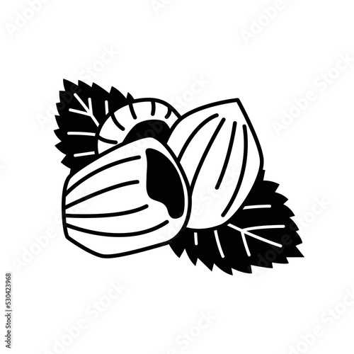 A healthy, nutritious vegetarian snack. Silhouette of hazelnut bunch with leaves. Additive element for packaged chocolate. Illustration in the style of contour flat graphics. Organic food.